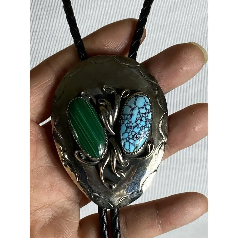 Native American Silver Plated Turquoise & Malachite Braided Black Leather Bolo
